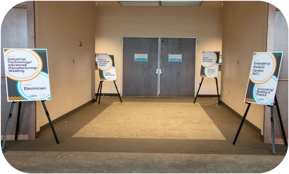 Signs on stands outside of breakout rooms