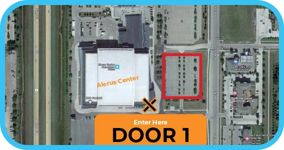 A map of the Alerus Center parking lot indicating where to park and drop off students for the NVCE.